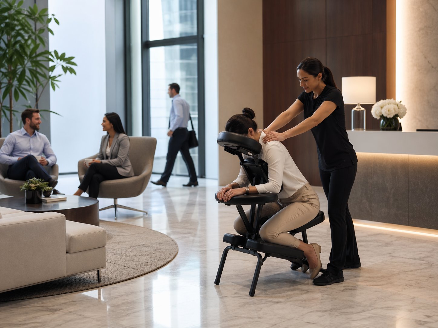 Licensed therapist providing corporate chair massage in office lobby